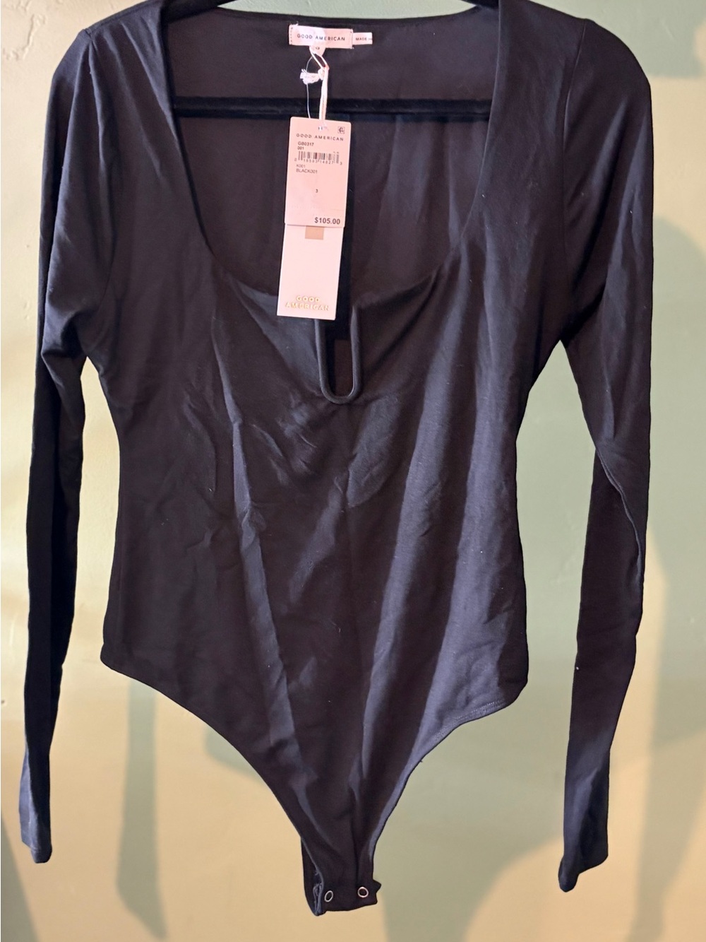 Good American Black Long Sleeve Scoop Neck Bodysuit